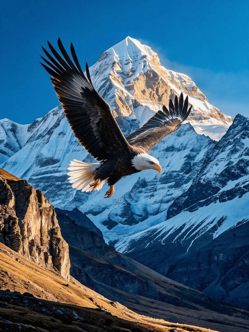Eagle in flight over mountains